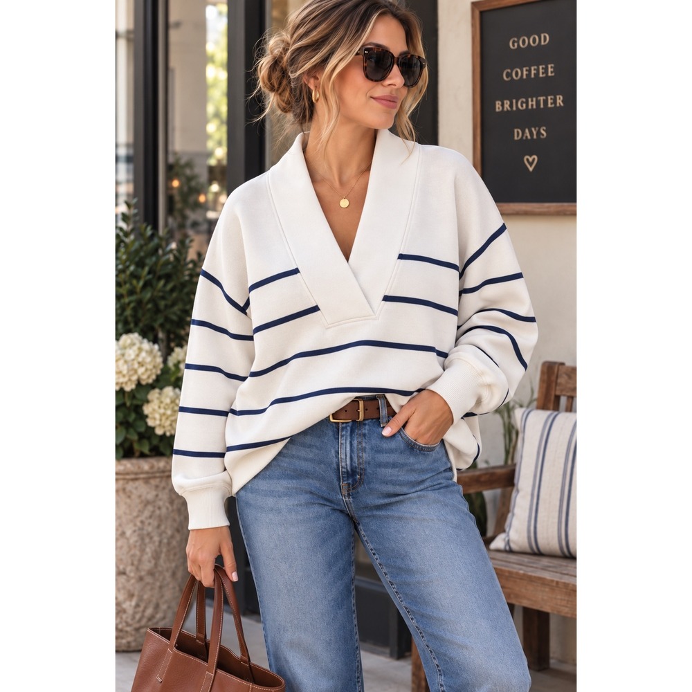 CALIA Striped Oversized Sweatshirt Coastal Nautical Luxe Preppy Minimalist Sz L